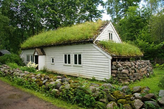 Skandinavska hiša z zeleno streho 